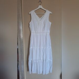 Vintage VTG Boho White Tiered Crochet Lace Prairie Boho Cowgirl Dress Sundress